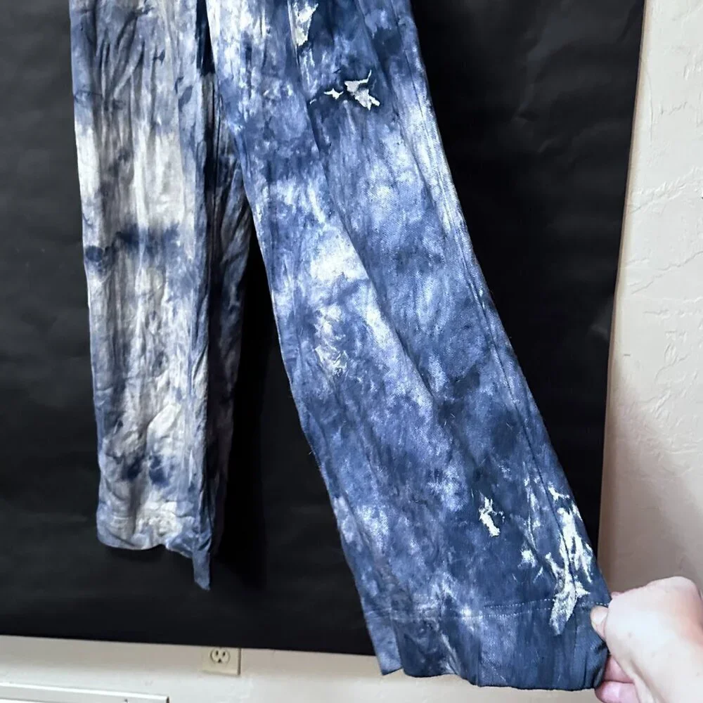 H&M Tie Dyed Cotton Black Pants Blue Size 8  Wide Legged Trousers Slacks Cotton
